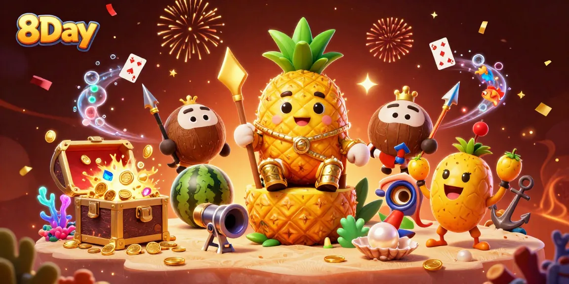 Engage with the vibrant world of 8Day Casino featuring an exciting scene with a pineapple king and festive characters.