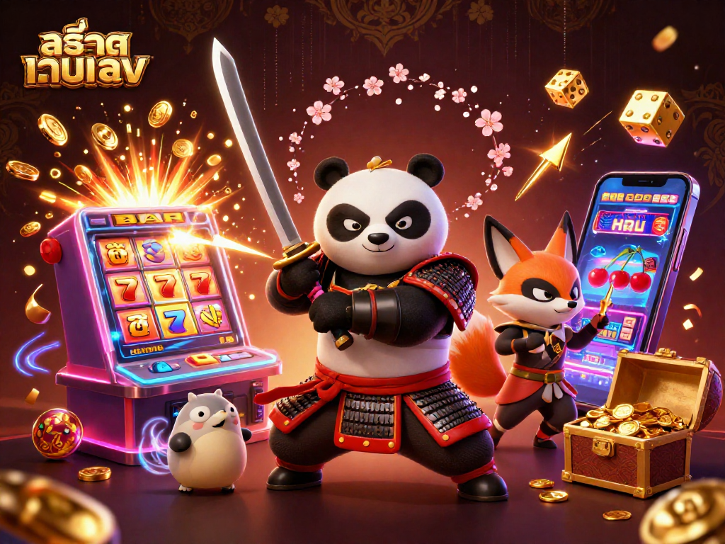 Experience the excitement of สล็อตเว็บตรง through a vibrant 3D illustration filled with dynamic casino elements.