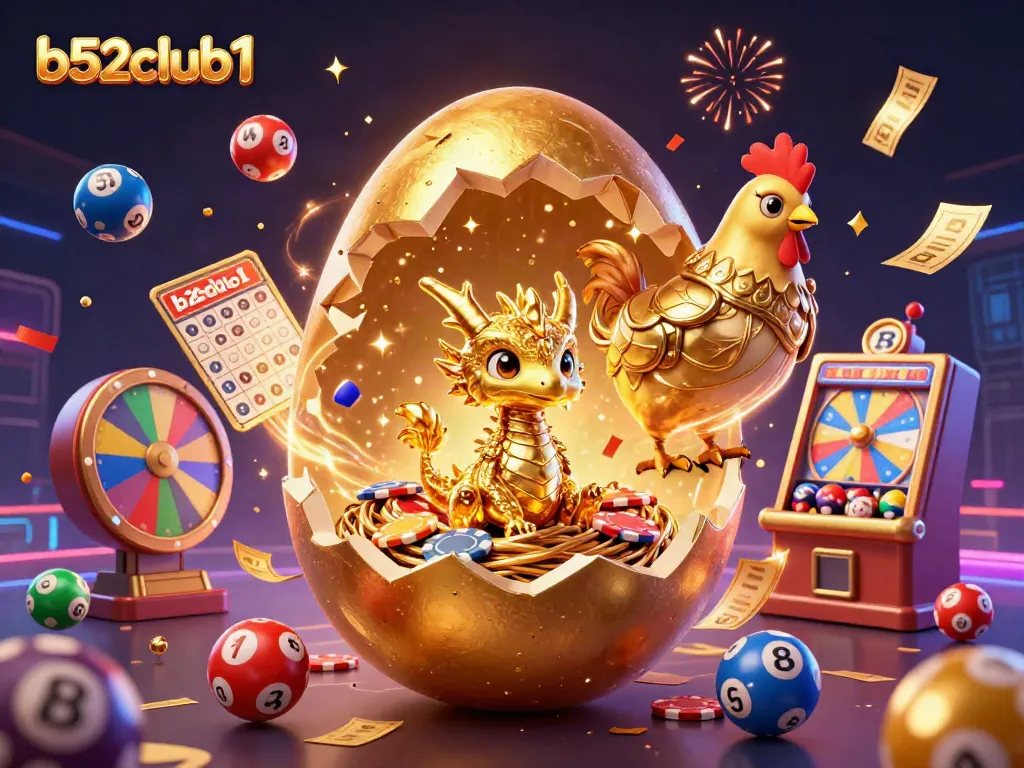 Experience thrilling wins with b52club1, featuring a golden dragon on poker chips amidst vibrant lottery elements.