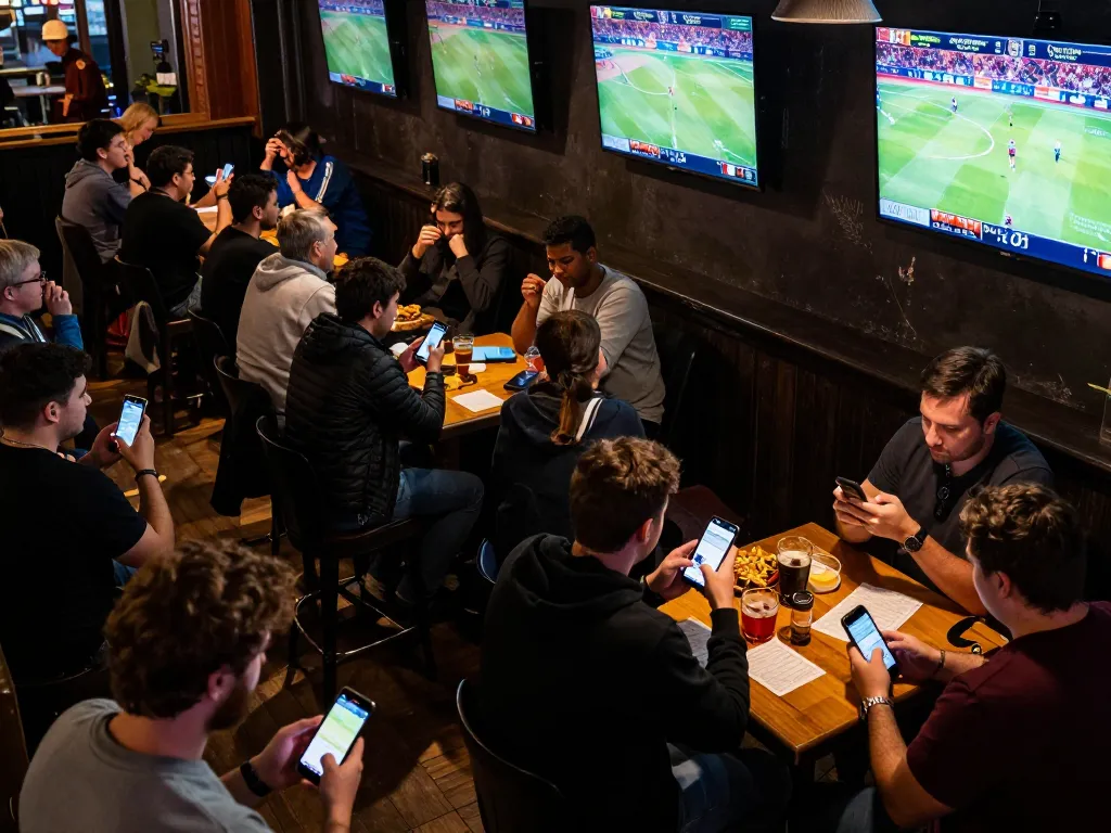 Fans engaging in live sports betting using 88clbgo app at a vibrant sports bar.