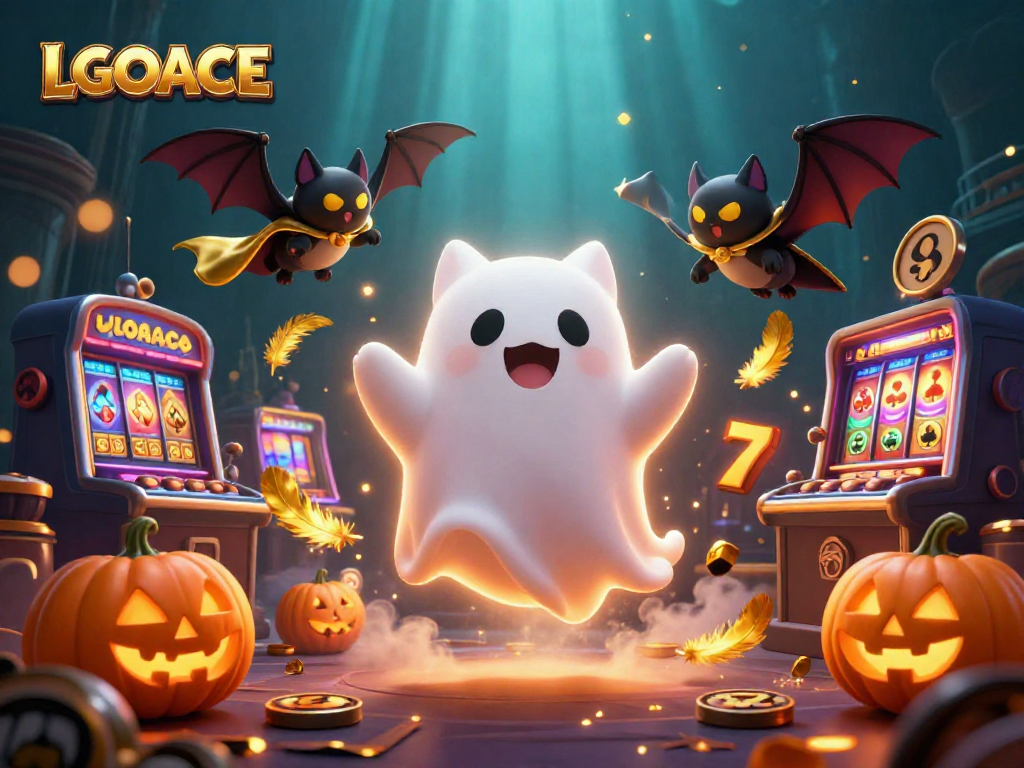 LGOACE showcases a friendly ghost cat in a haunted casino with vibrant slot reels and festive atmosphere.