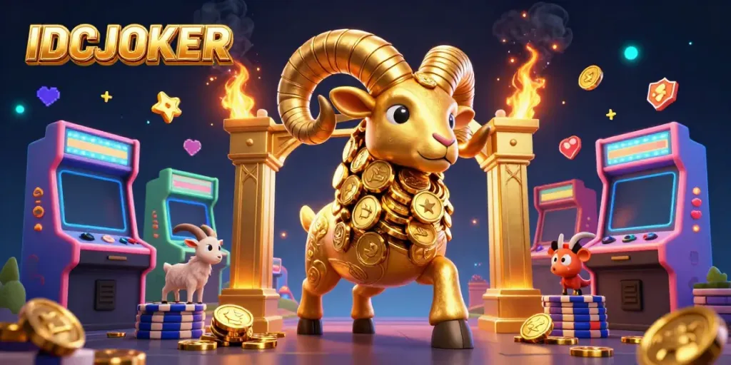 Experience the thrilling action of IDCJOKER with a 3D golden ram charging through a vibrant casino world.
