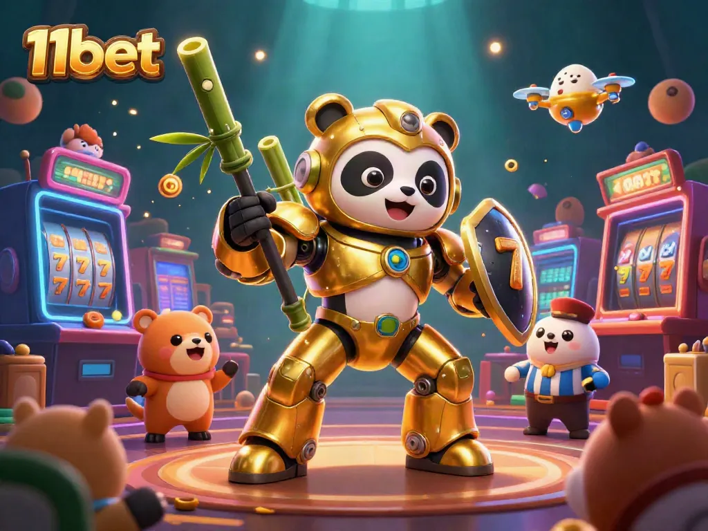 Join the thrilling action of 11bet casino with a golden panda pilot and vibrant slot elements.