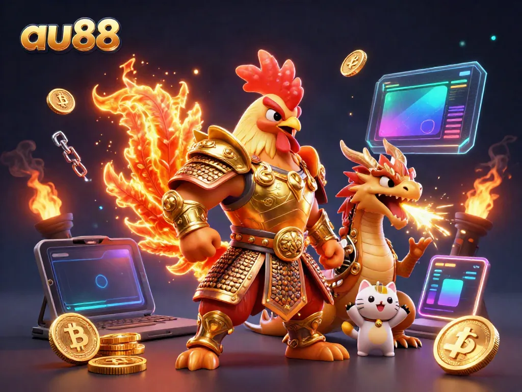 Experience the excitement of au88 with a dynamic scene featuring a rooster warrior and dragon hatchling in a colorful casino atmosphere.