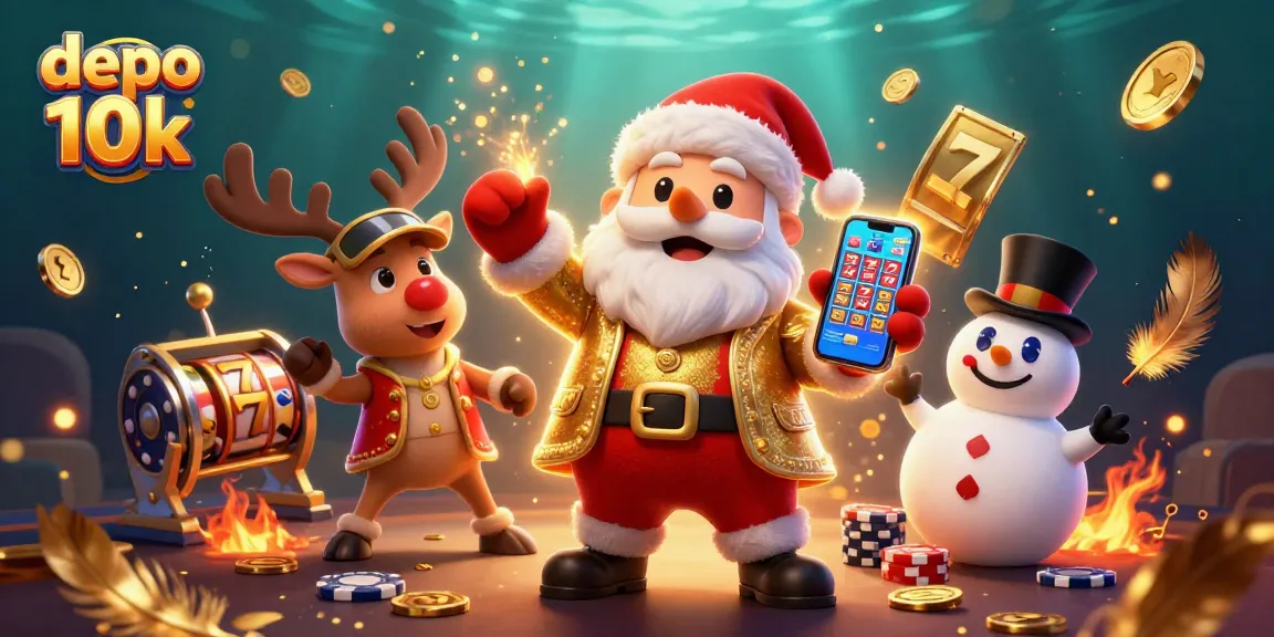 Spin the reels of depo 10k slots with Santa, his dealer reindeer, and a poker chip snowman in a lively casino.