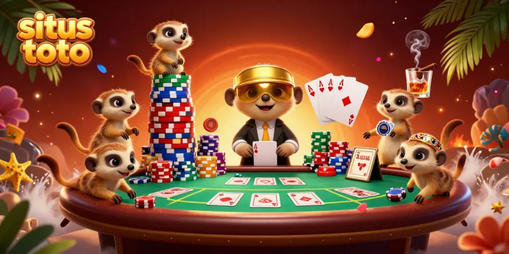 Meerkats managing a lively casino scene, highlighting the energetic atmosphere of situs toto gaming.
