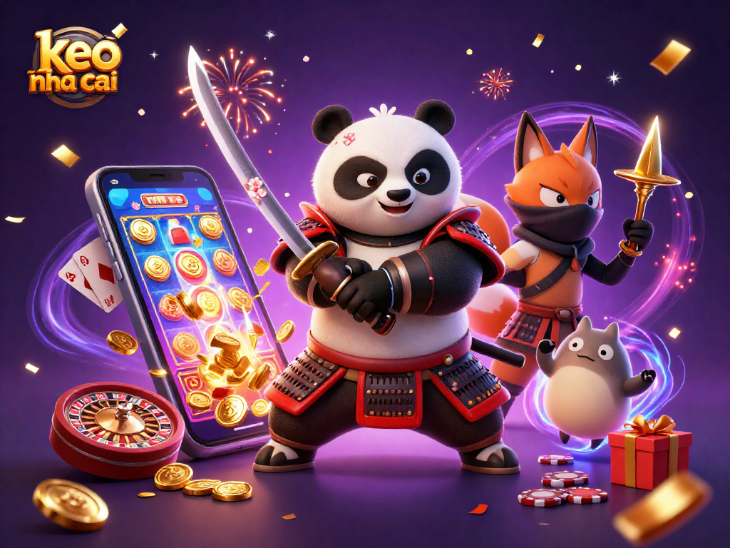 Engage in thrilling action with keo nha cai while samurai panda, ninja fox, and spirit tanuki harmonize in a vibrant casino scene.