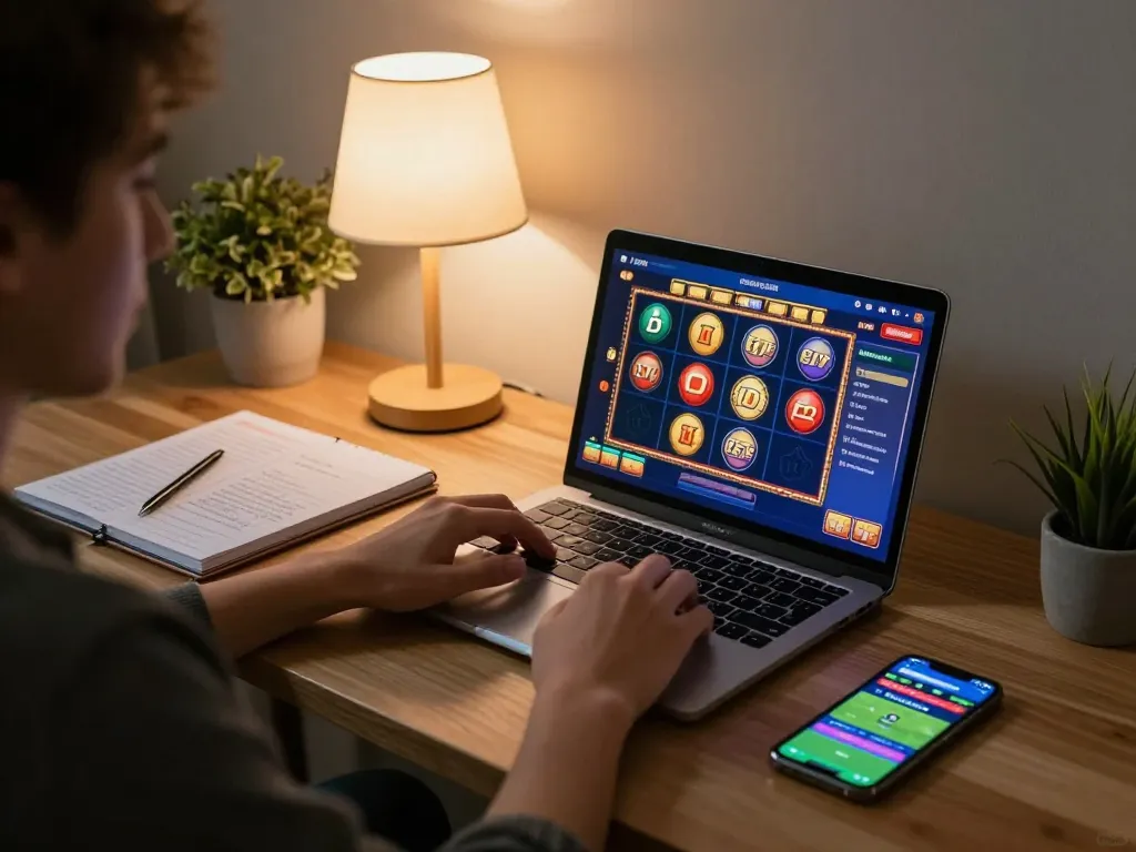 F168 player engaging with online casino games on a laptop in a cozy home office