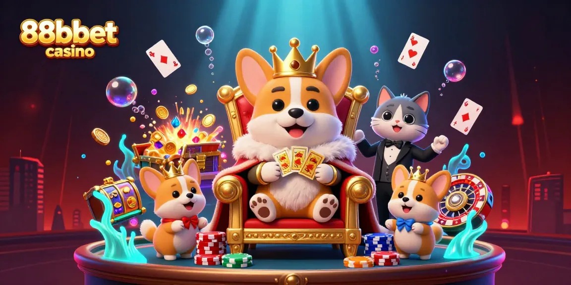 Experience the vibrant 88bbet casino with a royal corgi in a dynamic gambling scene.