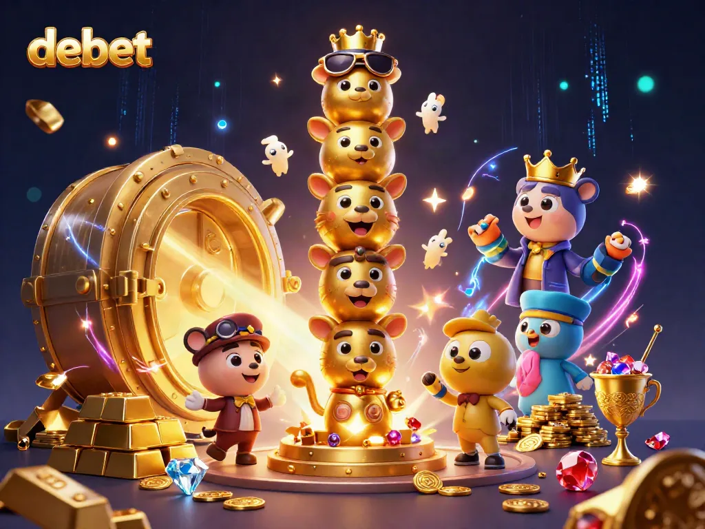 Experience the vibrant treasures of debet with a lively 3D cartoon totem and casino elements.