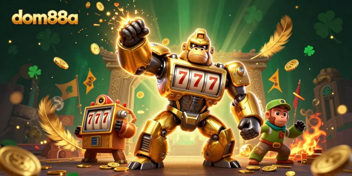 Engage with dom88a’s vibrant gaming universe featuring a dynamic golden gorilla mech and rich casino elements.