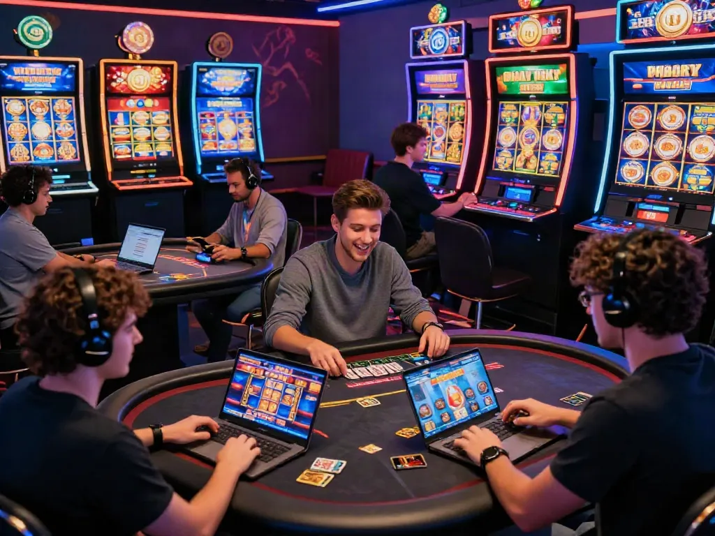 Diverse players enjoying credit card casinos in a vibrant digital casino atmosphere with popular slot games.