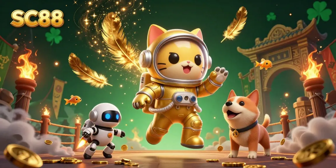 Engage with SC88 in a 3D cartoon casino scene featuring an astronaut cat and robot dog amidst cosmic treasures.
