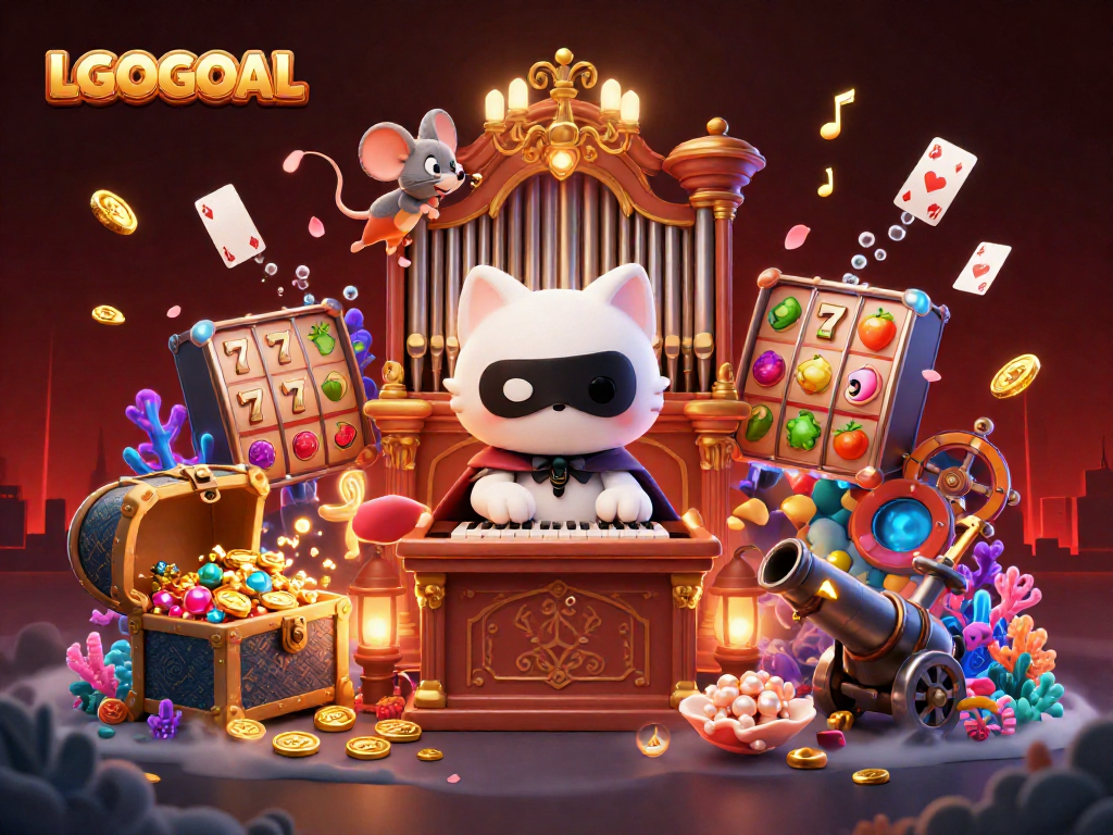 Experience thrilling slots action with LGOGOAL, showcasing a vibrant 3D illustration filled with casino elements.