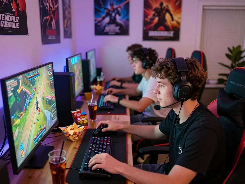 Group of gamers engaged in multiplayer session representing www.mantra88.com in an exciting gaming environment.