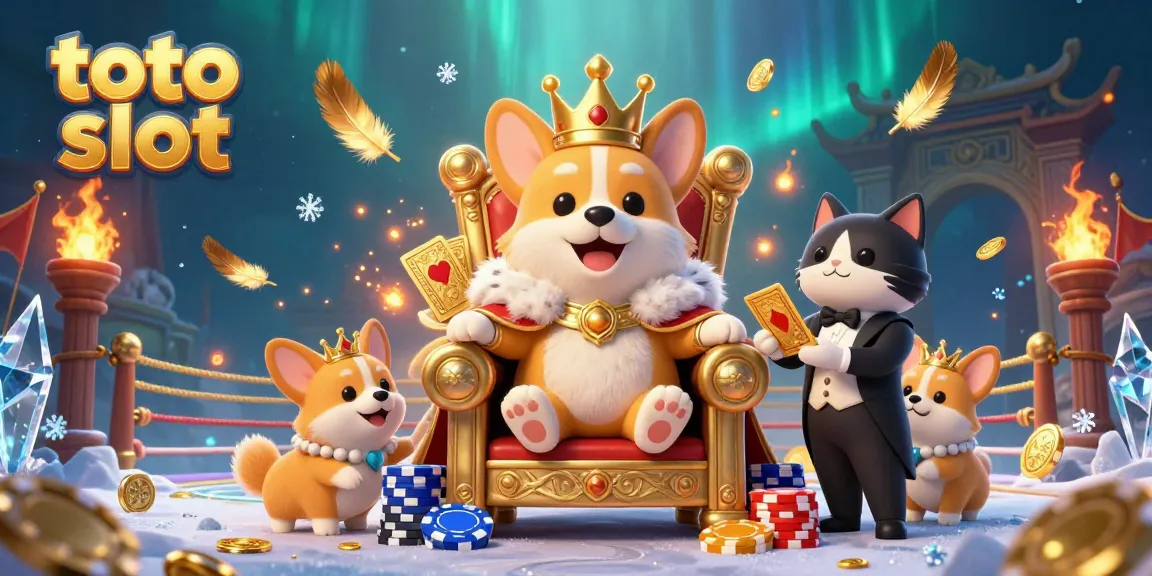 Toto slot cartoon scene with a royal corgi on poker chips throne, lively gambling atmosphere, and colorful game elements.