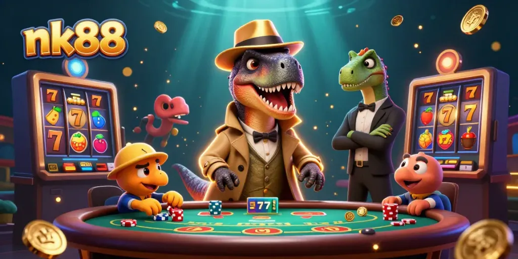 nk88 velociraptor card counter blends into the blackjack table scene as a stegosaurus eyes him.