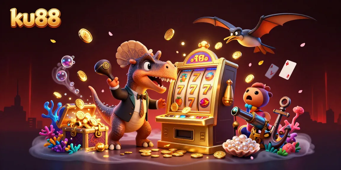 ku88 slots jackpot scene with a pachycephalosaurus, ankylosaur, and pteranodon amid coins and treasures