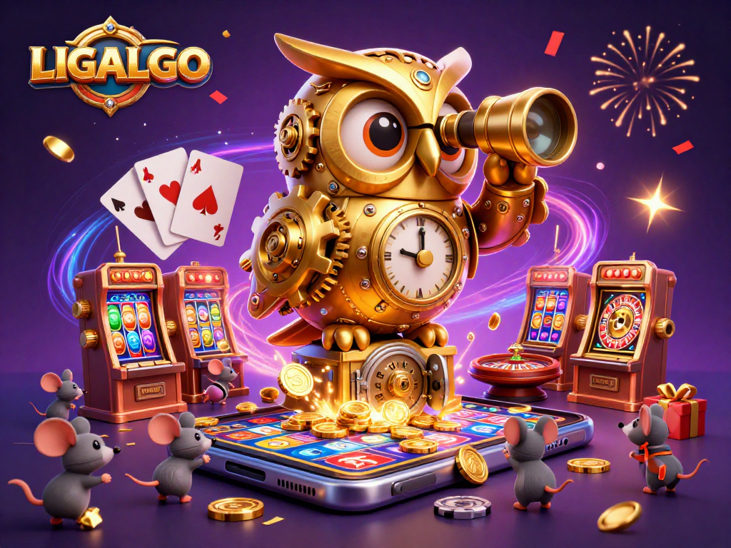 LIGALGO showcases an enchanting casino scene with a golden owl and lively slot game elements.