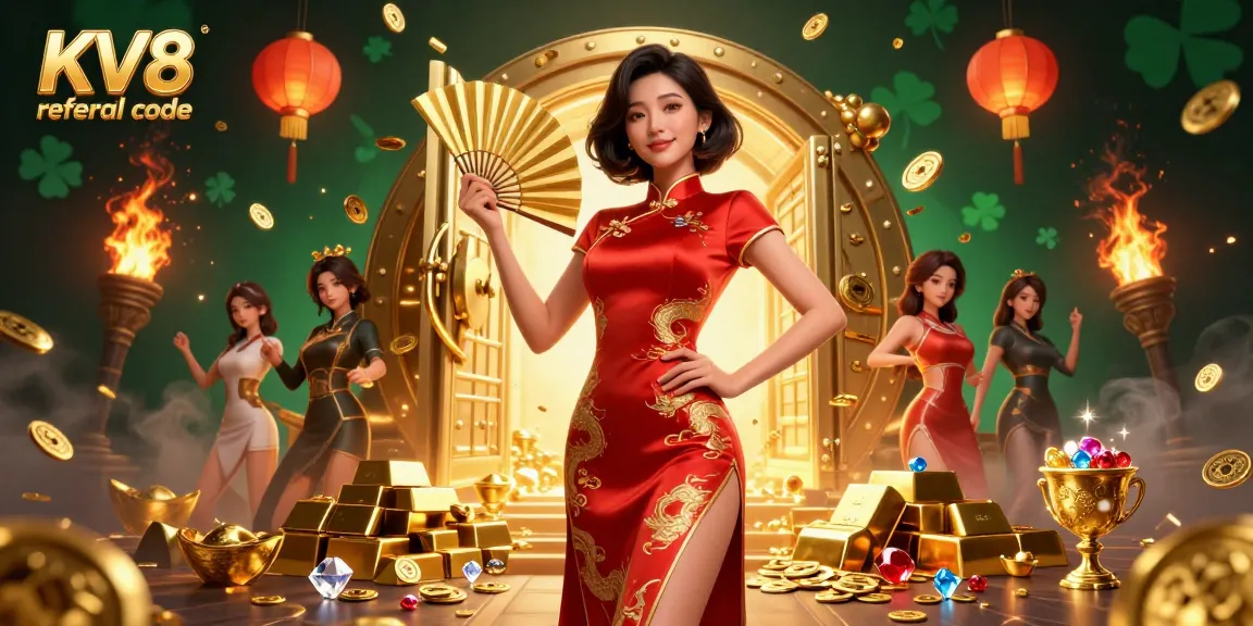 Experience the thrill of winning with KV8 referral code in this vibrant casino-themed illustration.