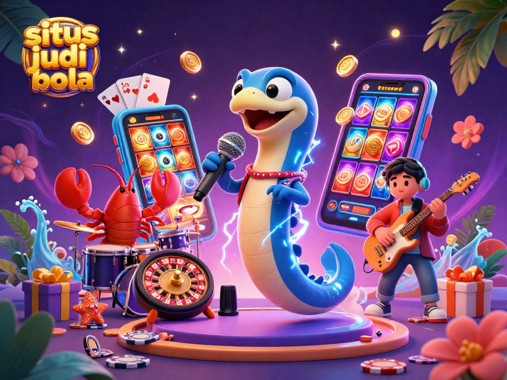 Engage in thrilling action at situs judi bola with electric eel DJ, lobster drummer, and seahorse guitarist in a vibrant casino scene.
