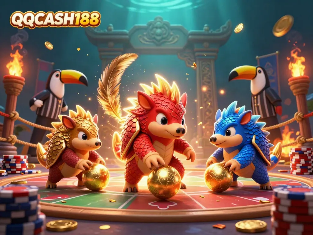 Engaging QQCASH188 scene with cartoon pangolins bowling poker chips and golden scales.