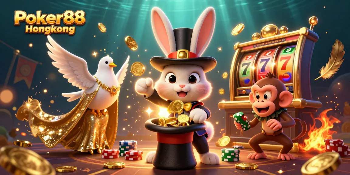 Engaging scene of Poker88 Hongkong illustrated with a magician rabbit pulling coins, slot elements, and sparkling effects.